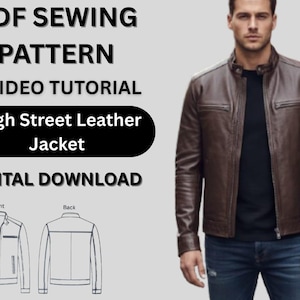 Peut inclure: Veste en cuir marron avec fermeture éclair et col montant. L'image comprend également un patron de couture PDF pour une veste en cuir High Street, avec un tutoriel vidéo et un téléchargement numérique.