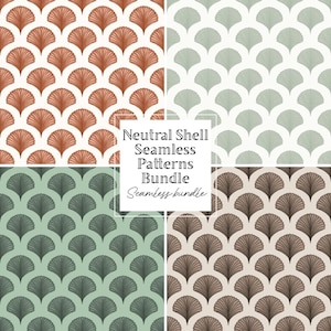 Op de afbeelding: Een bundel van vier naadloze patronen met een schelpontwerp in verschillende neutrale kleuren. De patronen bevatten tinten bruin, groen en grijs, met een witte achtergrond. De tekst luidt "Neutral Shell Seamless Patterns Bundle".