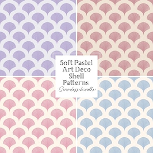 Op de afbeelding: Vier naadloze patronen met een herhalend schelpmotief in pastelkleuren. De patronen tonen lavendel, roze en blauwe schelpen op een crèmekleurige achtergrond. De tekst luidt "Soft Pastel Art Deco Shell Patterns Seamless bundle."