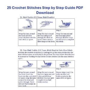 Puede incluir: Una guía PDF titulada "25 Puntos de Ganchillo Paso a Paso" con instrucciones y diagramas detallados para varios puntos de ganchillo. La guía incluye visuales paso a paso y explicaciones textuales para cada punto, como medio punto alto y dos medios puntos altos.