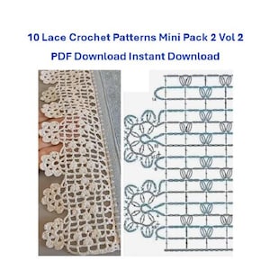 Puede incluir: Un documento digital titulado 10 Lace Crochet Patterns Mini Pack 2 Vol 2 PDF Download Instant Download que muestra una fotografía de un borde de encaje color hueso con borde festoneado y un diagrama de ganchillo azul y blanco.