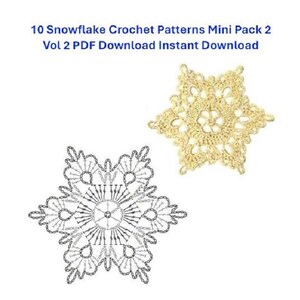 Puede incluir: Imagen de un mini paquete de patrones de ganchillo con dos diseños de copos de nieve. Uno es un diagrama detallado en blanco y negro, y el otro es un copo de nieve dorado y terminado. El texto en la parte superior dice "10 Snowflake Crochet Patterns Mini Pack 2 Vol 2 PDF Download Instant Download."