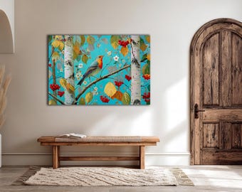 Bird on Branch Canvas Art Print – Colorful Nature Painting in Turquoise Tones