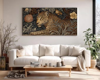 Leopard Botanical Art Print – William Morris inspired Dark Floral Wildlife Wall Decor