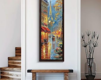 Puede incluir: Una pintura al óleo vertical enmarcada que representa una escena callejera parisina lluviosa con la Torre Eiffel al fondo. La obra presenta luces cálidas de edificios, toldos rojos y figuras caminando con paraguas sobre una calle mojada.