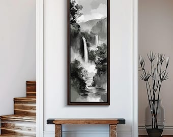 Black and White Waterfall Canvas Art - Ink Wash Painting, Zen Nature Decor Canvas Print