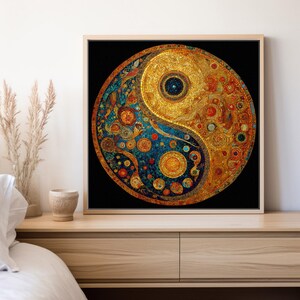 May include: A square wall art piece featuring a circular yin and yang symbol composed of intricate mosaic-style patterns. The design uses a vibrant color palette of deep blues, rich golds, and warm oranges set against a solid black background.