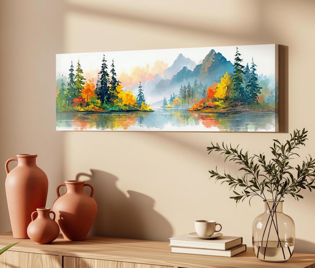Colorful Mountain Lake Art Canvas Print - Autumn Forest Landscape ...