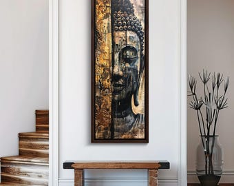 May include: A vertical rectangular wall art piece featuring a split-face Buddha portrait. The left side displays a textured gold and black abstract pattern, while the right side shows a detailed, shaded grayscale depiction of a Buddha face.
