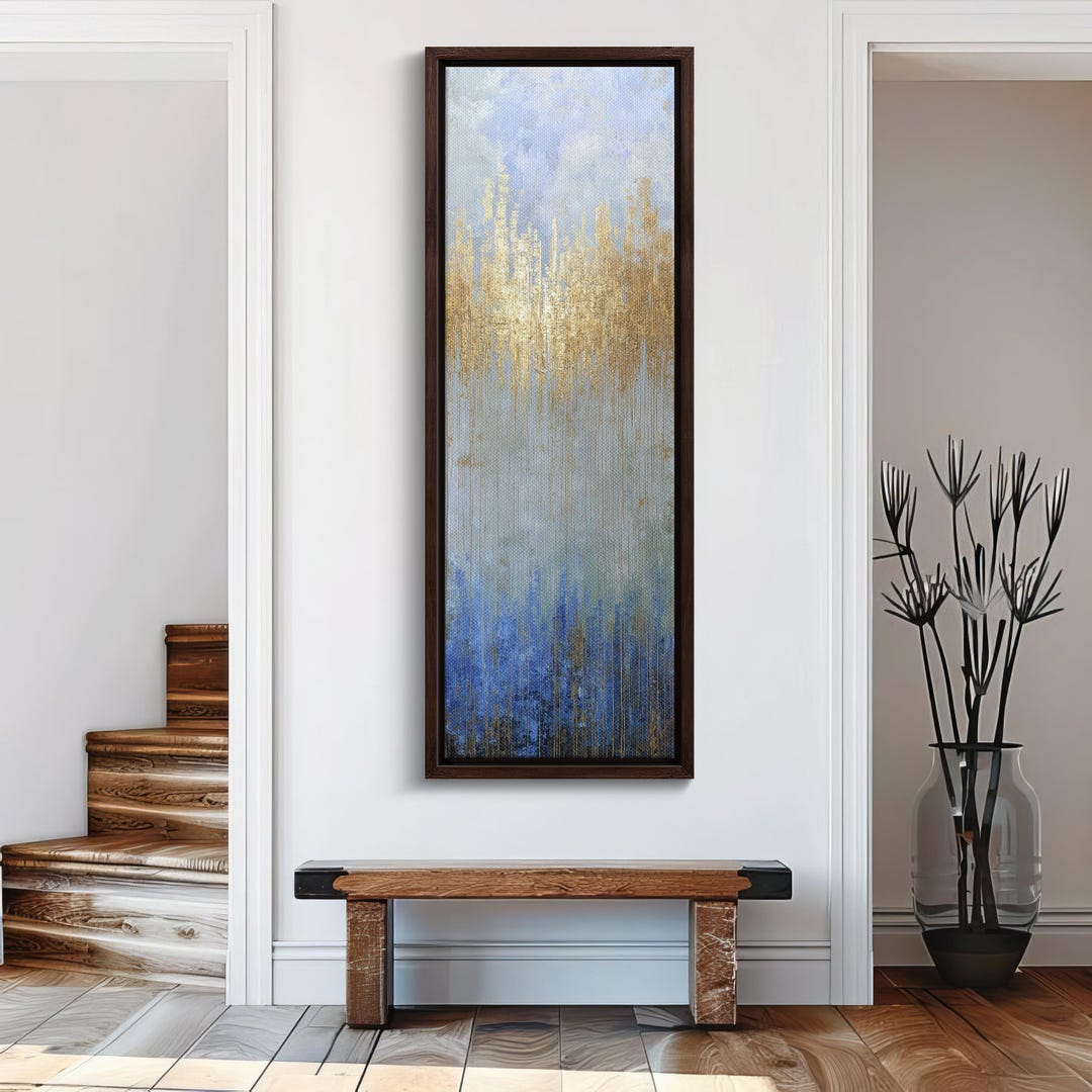 Large Blue Gold Abstract Wall Art - Vertical Luxury Painting, Long ...