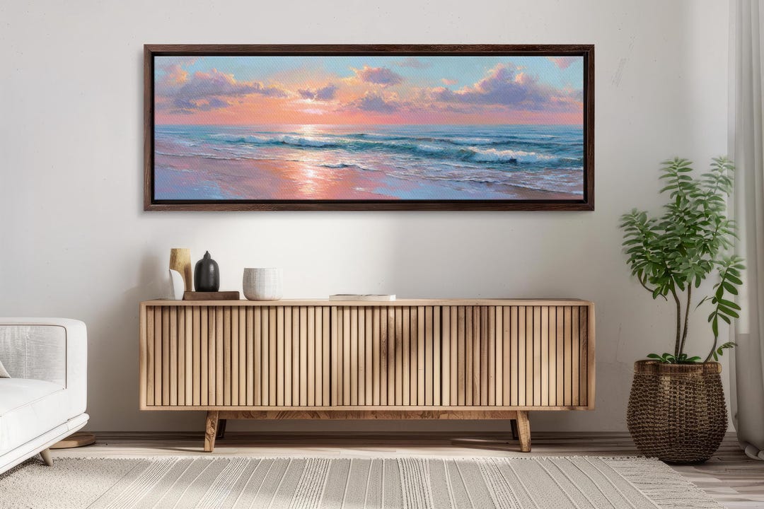 Sunset Beach Canvas Wall Art Print - Pink Blue Seascape Painting ...