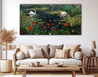 Swans on a Lily Pond Art Print – Claude Monet inspired Impressionist Nature Wall Art