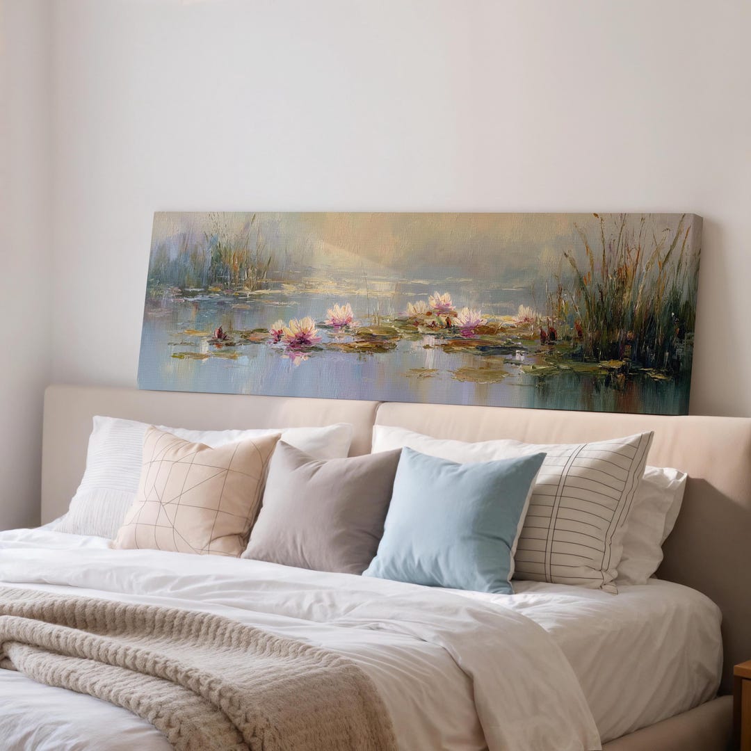Panoramic Lotus Pond Wall Art - Water Lily Acrylic Painting, Calm ...