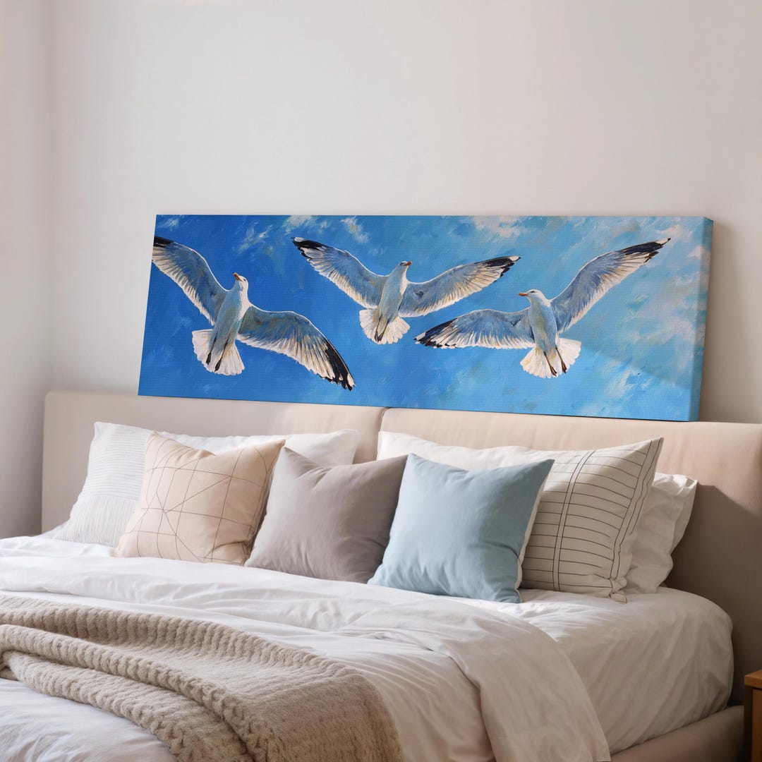 Flying Seagulls Wall Art - Coastal Bird Painting, Beach House Canvas ...