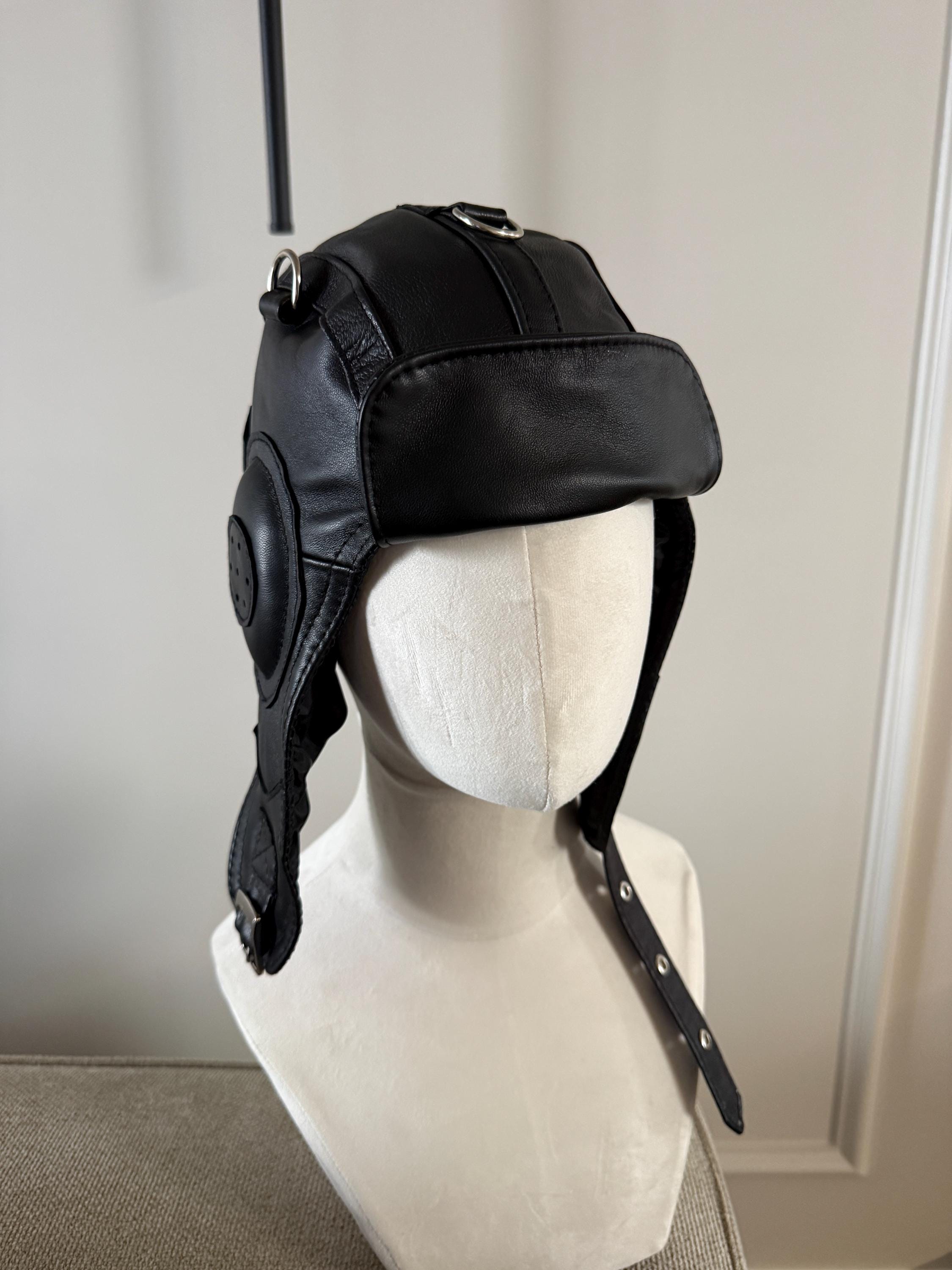 Black Leather Aviator Hat - Pilot Trapper Hat, Natural Leather, Warm Winter Hat