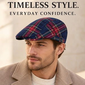 May include: A flat cap featuring a navy blue, red, and green plaid pattern with a small side buckle. The text TIMELESS STYLE. EVERYDAY CONFIDENCE. is displayed above the cap. The cap has a structured brim and a classic rounded crown.