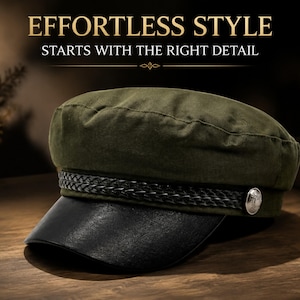 May include: An olive green military-style cap featuring a black visor and a braided black band across the front, accented with a silver-toned circular button. The text EFFORTLESS STYLE STARTS WITH THE RIGHT DETAIL is displayed above the cap.