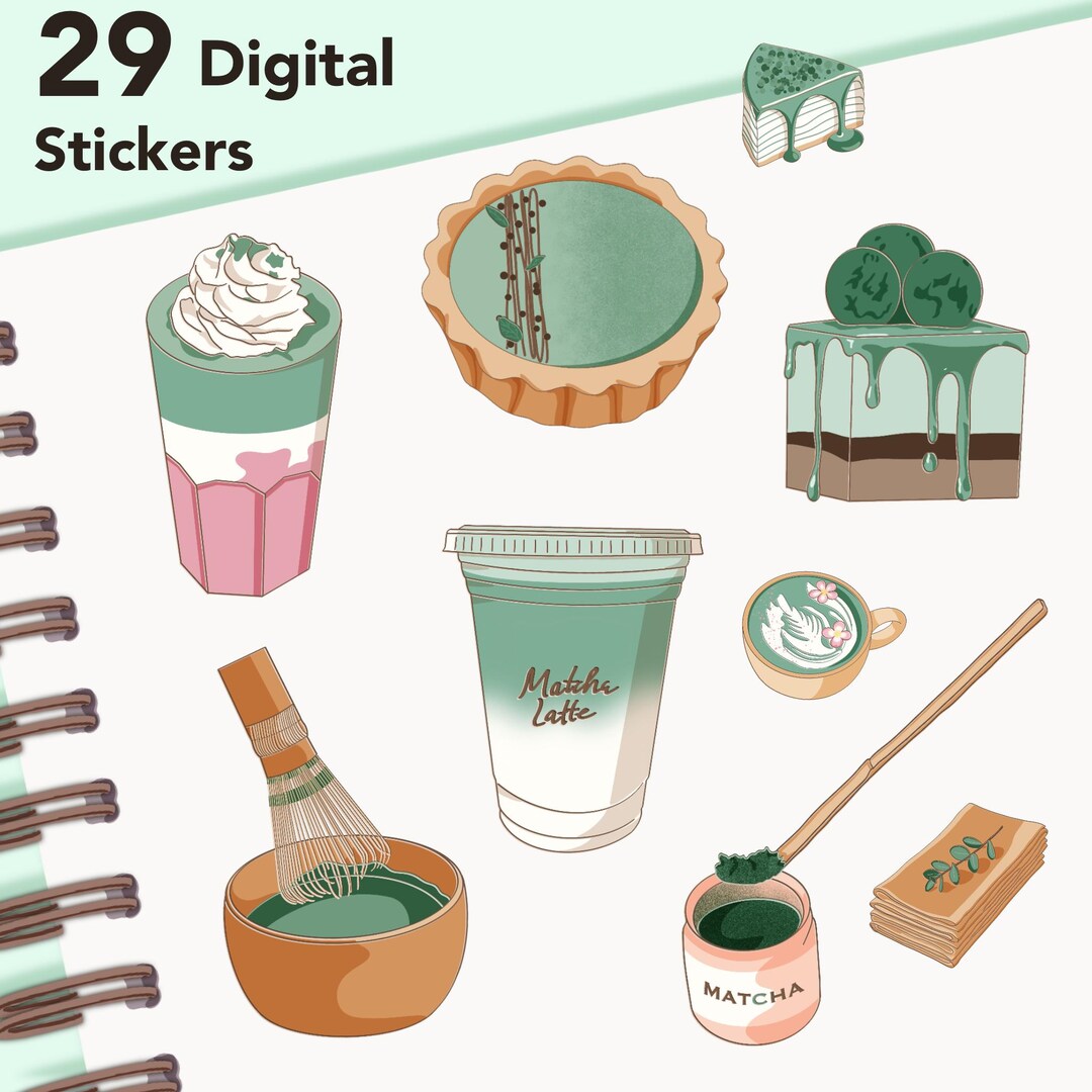 Matcha Stickers With Embossed Look | 29 PNG Dessert & Drink Stickers ...