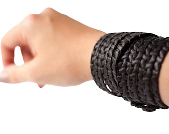 Läderarmband / Original Sliced Wrap Manschett / Vävd Svart