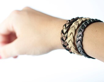 Braided Leather Bracelet Trio / Olympia