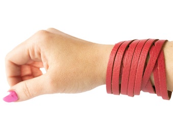 Leather Bracelet / Original Sliced Wrap Cuff / Apple Red