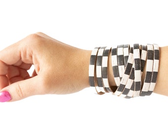 Leather Bracelet / Original Sliced Wrap Cuff / Checker Cork