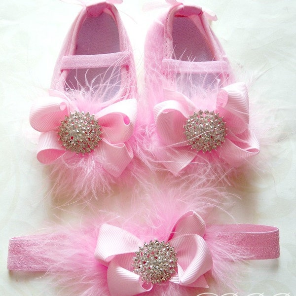 Princess Baby Girl Pink Crib Shoes and headband set ,baby booties,elastic headband,