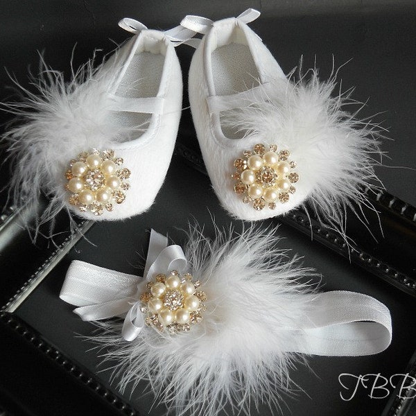 Fancy Couture  Baby Girl  white Crib Shoes and headband set ,White Christening Booties ,elastic headband.