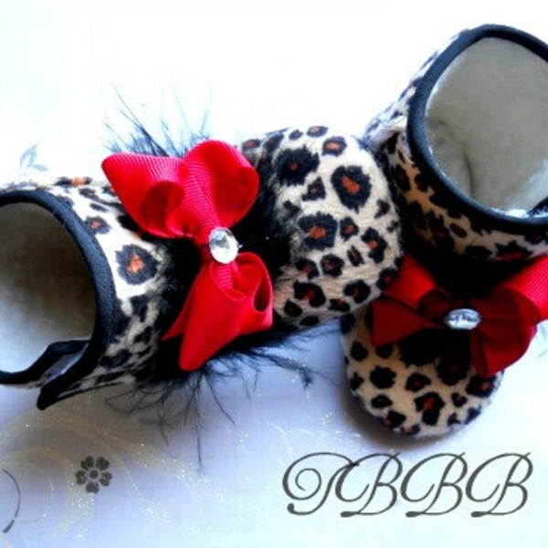 Leopard baby girl boots handcrafted with red bow and black feathers/crib baby booties