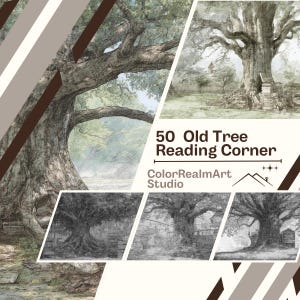 Może przedstawiać: Artystyczny wydruk cyfrowy przedstawiający duże, stare drzewo z rozłożystymi gałęziami. Obraz zawiera tekst "50 Old Tree Reading Corner" i "ColorRealmArt Studio". Grafika ma szkicową, vintage estetykę.