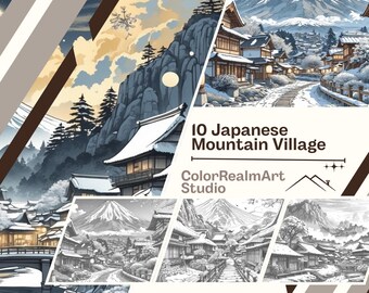 日本の山村の塗り絵 | 印刷可能な10種類のシーン（デジタルダウンロード）
