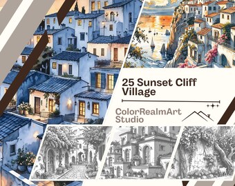 サンセットクリフビレッジの塗り絵 | 印刷可能な風景画25枚（PDFダウンロード）