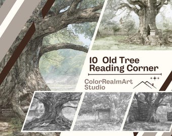 古い木の読書コーナーの塗り絵｜庭の風景10選（PDFダウンロード）