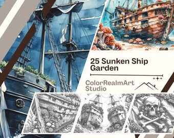 沈没船の塗り絵 | 水中難破船ファンタジーアート25選（PDFダウンロード）