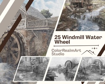 水車小屋の塗り絵 | 25の庭園風景、リラックスできるアート（PDFパターン）