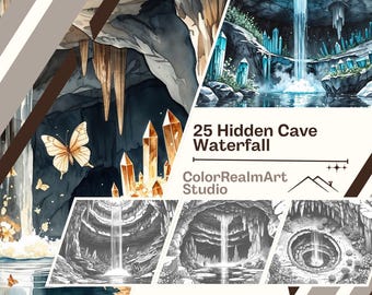 洞窟の滝の塗り絵 | ファンタジー自然アート25選（PDFダウンロード）