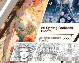 春の女神の塗り絵25枚 | 花のファンタジーアート（PDFダウンロード）