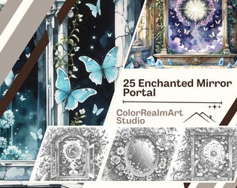 Páginas para colorear del Portal del Espejo Encantado / 25 ilustraciones de reflejos fantásticos (Descarga en PDF)