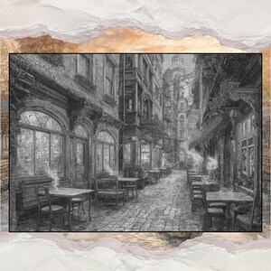 Puede incluir: Ilustraci&oacute;n en blanco y negro de una escena de calle europea con caf&eacute;s. La imagen muestra una calle adoquinada bordeada de edificios, mesas y sillas. El vapor se eleva de los caf&eacute;s, creando un ambiente vintage.