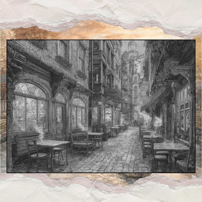 Puede incluir: Ilustraci&oacute;n en blanco y negro de una escena de calle europea con caf&eacute;s. La imagen muestra una calle adoquinada bordeada de edificios, mesas y sillas. El vapor se eleva de los caf&eacute;s, creando un ambiente vintage.