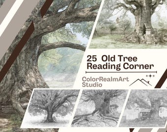 古い木の読書コーナーの塗り絵 | 25 種類の庭のイラスト (PDF ダウンロード)