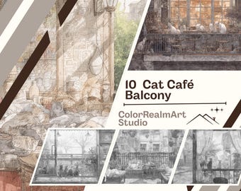 猫カフェのぬり絵｜バルコニーのイラスト10点（PDF）