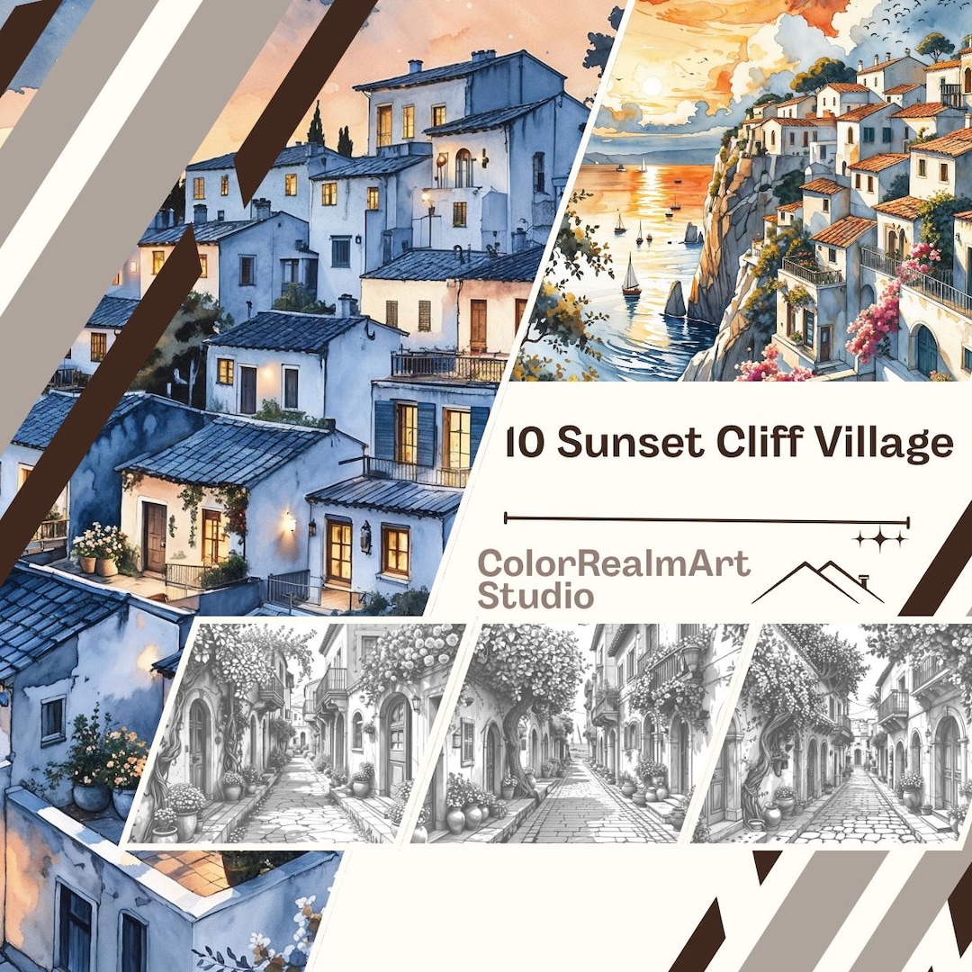 10-sunset-cliff-village-coloring-pages-scenic-landscape-art-digital