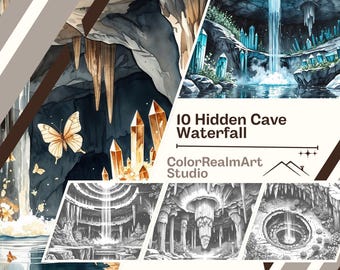隠された洞窟の滝の塗り絵 | ファンタジーな自然アートシーン10選（PDFダウンロード）
