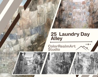 ランドリー・デイ・アレーの塗り絵 | 印刷可能なオールドタウンの線画25ページ（PDF）