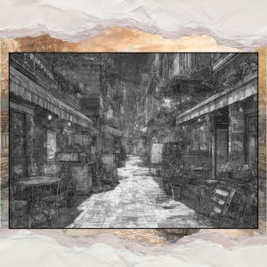Puede incluir: Boceto en blanco y negro de una escena de calle europea. La imagen representa una calle estrecha adoquinada bordeada de edificios, toldos y asientos al aire libre. La obra de arte tiene un estilo vintage y art&iacute;stico.
