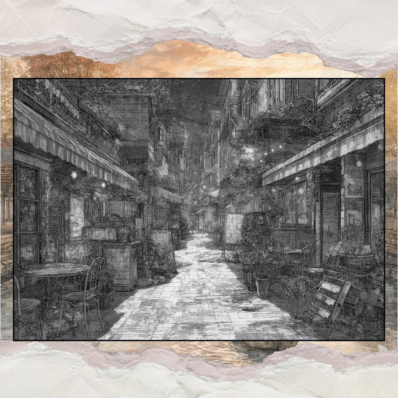 Puede incluir: Boceto en blanco y negro de una escena de calle europea. La imagen representa una calle estrecha adoquinada bordeada de edificios, toldos y asientos al aire libre. La obra de arte tiene un estilo vintage y art&iacute;stico.