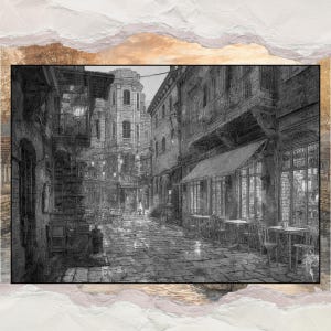 Puede incluir: Boceto en blanco y negro de una calle europea. Calle adoquinada con edificios a ambos lados, algunos con balcones y toldos. Mesas y sillas dispuestas frente a un caf&eacute;. Farolas iluminan la escena.