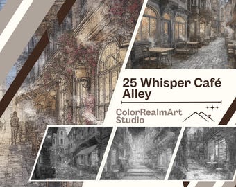 カフェ路地のぬり絵 | 印刷可能な都会のストリートイラスト25点（PDFダウンロード）