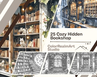 居心地の良い本屋の塗り絵 | 風変わりな図書館アート、リラックス（PDFダウンロード）